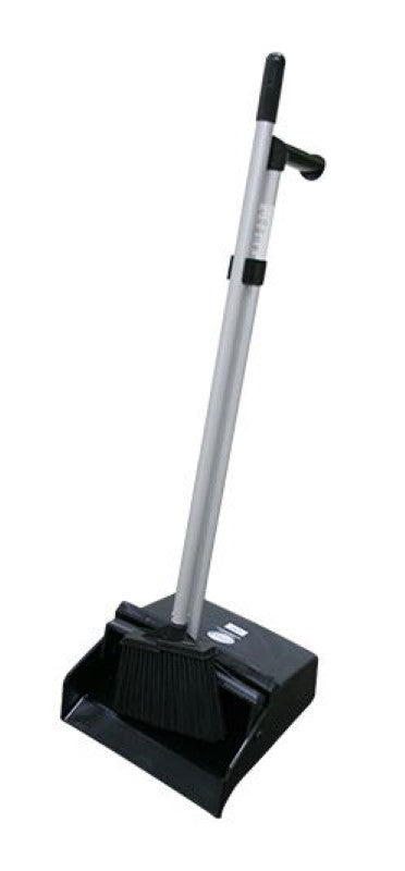 Lobby upright brush and pan set in black, featuring durable steel construction, pistol grip design for effortless cleaning.