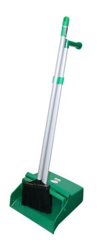 Lobby upright brush and pan set in green, featuring pistol grip for easy cleaning of indoor and outdoor spaces.