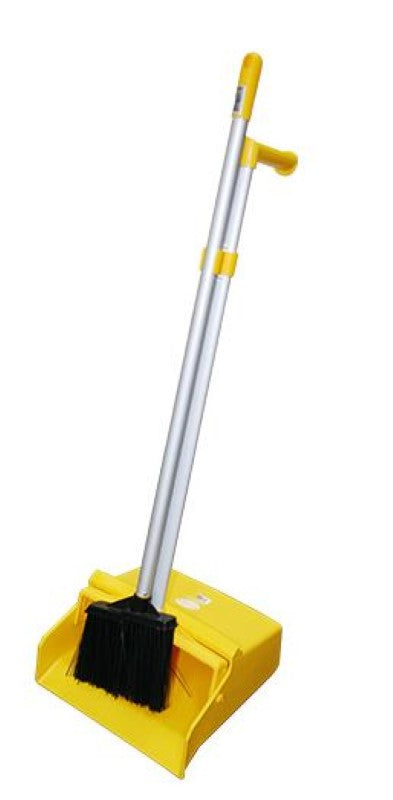 Lobby upright brush and pan set in yellow with ergonomic grip, designed for efficient indoor and outdoor cleaning.
