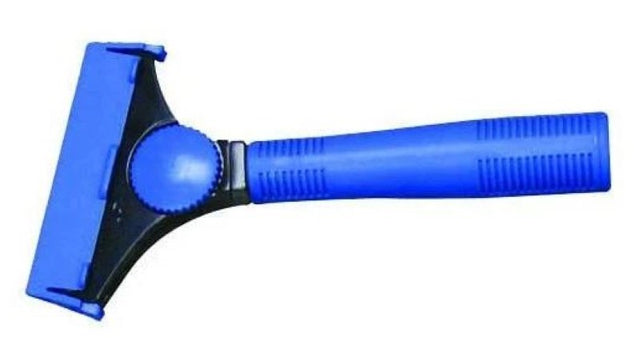 Blue floor and window scraper, 210mm long, with a 100mm blade for removing tough grime and gum easily.