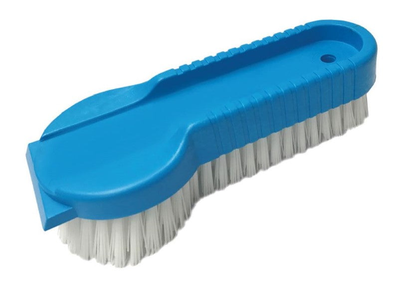 Blue flat scrubbing brush with industrial-grade bristles and front scraper for effective cleaning of tough grime.