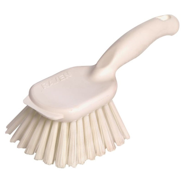 Durable white scrubbing brush with ergonomic grip, stiff bristles, and large scraper for tough cleaning in kitchens and industries.