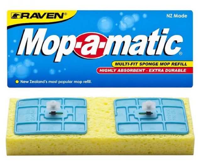 Bright yellow Mop-a-Matic Standard Mop Head with cellulose sponge scrub pad, ideal for efficient and effortless cleaning.