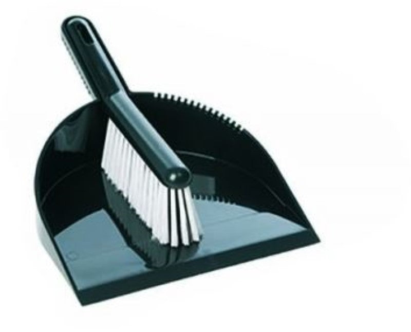 Deluxe Brush & Pan Set in black, featuring soft bristles for efficient cleaning of fine dust and debris.
