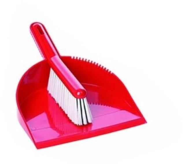 Red Deluxe Brush & Pan Set featuring soft bristles for fine dust, large capacity pan, and durable design for effective cleaning.