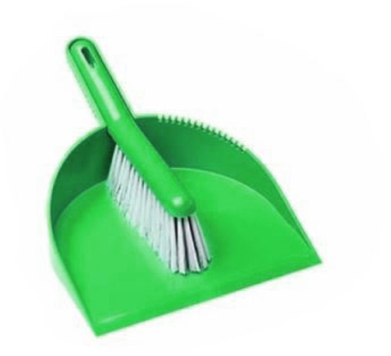 Deluxe green brush and pan set with soft bristles for efficient dust control and a durable large capacity pan.