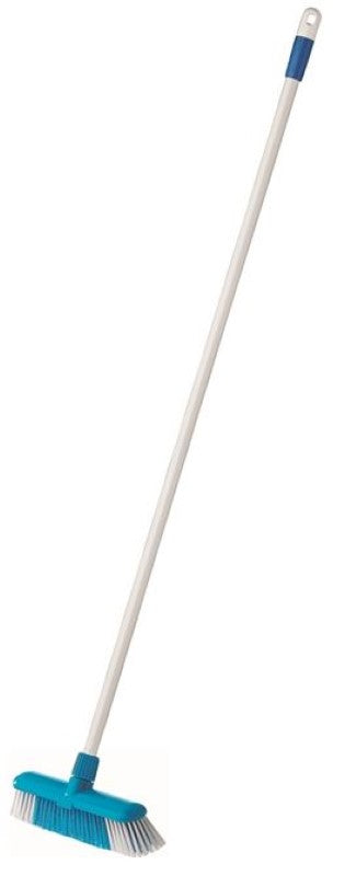 Deluxe blue indoor broom with soft bristles, sturdy handle, and front scraper for efficient dust and debris removal.