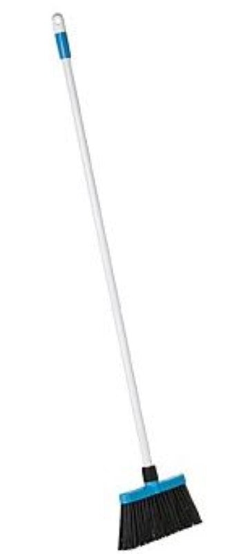 Patio broom with a blue powder-coated handle, 250mm wide, long stiff bristles for effective indoor and outdoor cleaning.