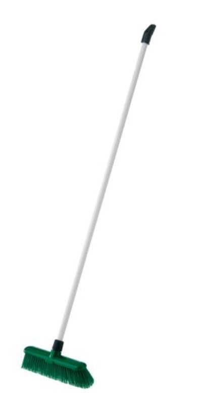 Deluxe outdoor broom with stiff bristles, designed for sweeping debris, featuring a sturdy steel handle and ergonomic grip.