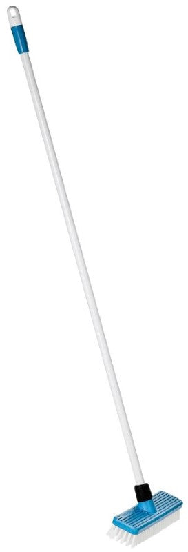 Blue deck scrubbing broom with stiff bristles, 250mm wide and 1200mm tall, ideal for tough cleaning jobs on various surfaces.