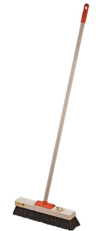 Sturdy brown platform broom with stiff bristles, ideal for efficient indoor and outdoor cleaning tasks.