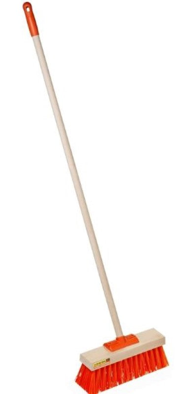 Hi-Visibility orange yard broom with stiff bristles, 355mm wide, 1350mm tall, ideal for outdoor cleaning tasks.