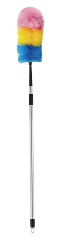 Telescopic rainbow duster with silver handle, 22mm x 1500mm, featuring electrostatic fibres for effective dust removal.