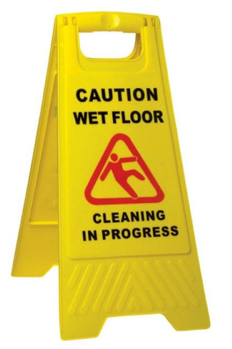 Yellow Wet Floor Safety Sign measuring 290mm x 660mm, made of durable UV-treated plastic for slip hazard awareness.