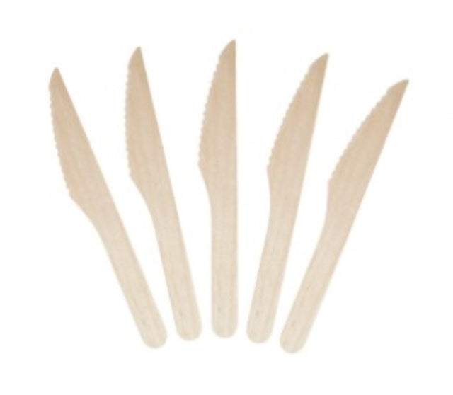 Eco-friendly wooden knives, 165mm long, in a box of 1000, perfect for sustainable dining and reducing plastic waste.