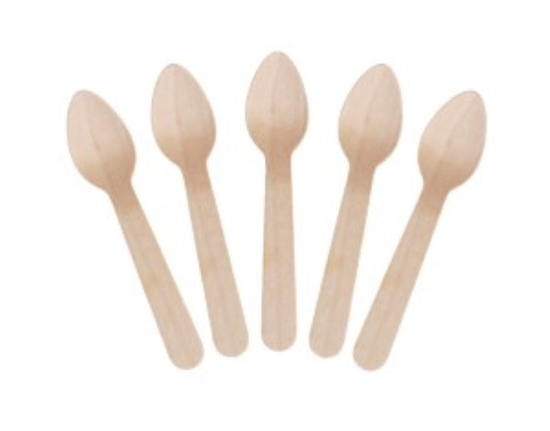 Natural wooden teaspoons, 110mm long, eco-friendly, compostable, box of 1000 for sustainable dining and serving needs.