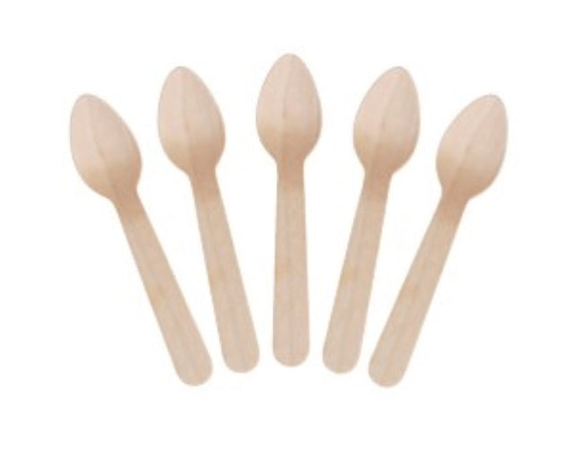 Natural wooden teaspoons, 110mm long, eco-friendly, compostable, box of 1000 for sustainable dining and serving needs.