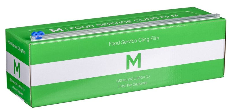 Clear food service cling film, 330mm x 600m, featuring a slide cutter for easy cutting, perfect for preserving freshness.