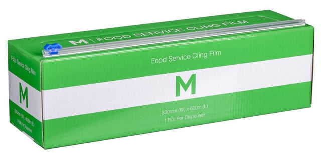 Clear food service cling film, 330mm x 600m, featuring a slide cutter for easy cutting, perfect for preserving freshness.