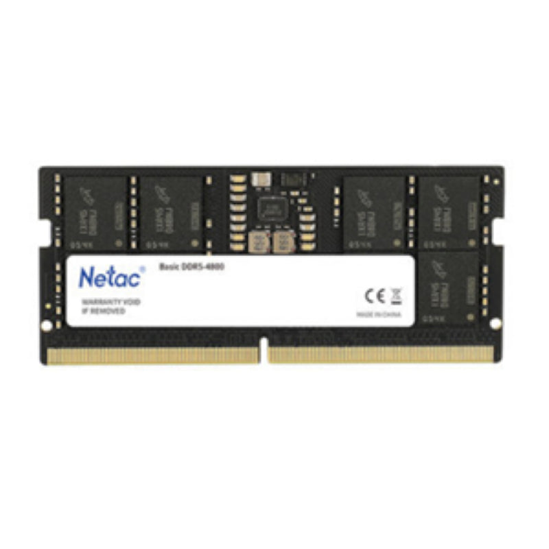 Netac Basic 16GB DDR5-4800 SoDIMM RAM, featuring 4800 MHz speed, 16GB capacity, and efficient power use for laptops.