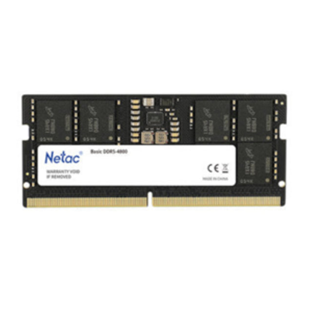 Netac Basic 16GB DDR5-4800 SoDIMM RAM, featuring 4800 MHz speed, 16GB capacity, and efficient power use for laptops.