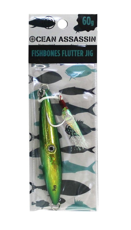 Ocean Assassin Fishbones Flutter Jig in green, 60g; features holographic finish and ultra-sharp hook for saltwater fishing.