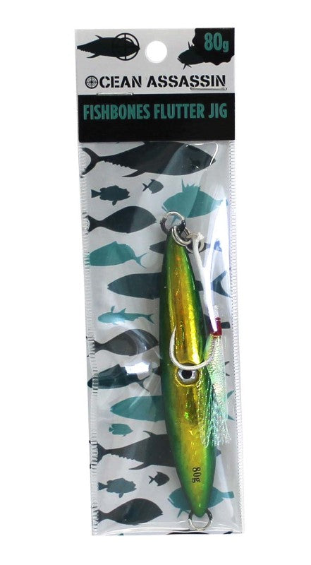 Ocean Assassin Fishbones Flutter Jig in green, 80g, features a holographic finish and sharp assist hook for attracting saltwater fish.