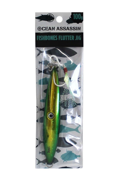 Ocean Assassin Fishbones Flutter Jig in green, 100g, featuring a holographic finish and sharp hooks for enticing saltwater fish.