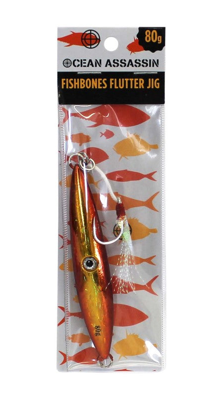 Vibrant orange 80g flutter jig with holographic finish, ideal for attracting saltwater species like Snapper and Kingfish.