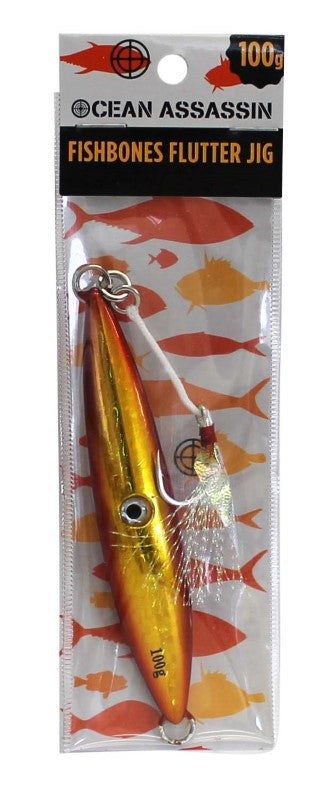 Vibrant orange Ocean Assassin Fishbones Flutter Jig, 100g, with reflective finish and ultra-sharp assist hook for enticing saltwater fish.