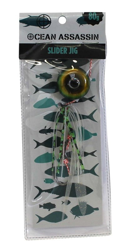 Ocean Assassin Slider Jig in vibrant green, 80g, designed to attract big fish with fluttering skirts and effective hook placement.