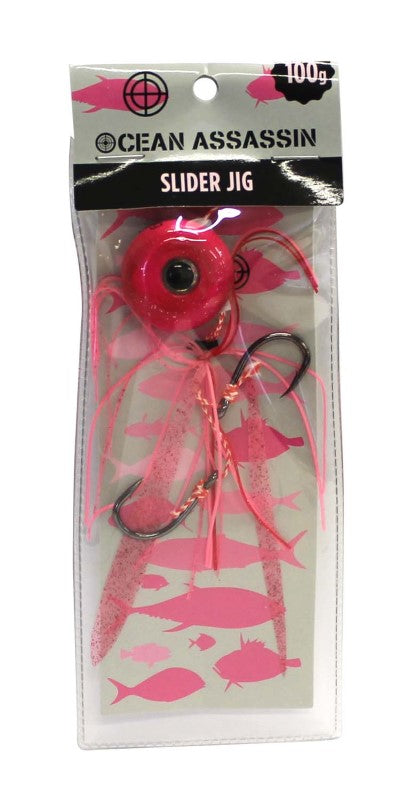 Pink 100g Ocean Assassin Slider Jig with a slider-shaped head, fluttering skirts, designed to attract various saltwater fish.