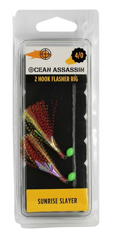 Ocean Assassin Sunrise Slayer Flasher Rig - 4/0 with dual hooks and vibrant flash material for attracting game fish.