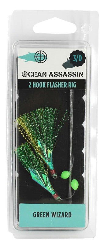 Ocean Assassin Green Wizard Flasher Rig with sharp hooks, vibrant green flash material, and easy-attach barrel swivel for fishing.