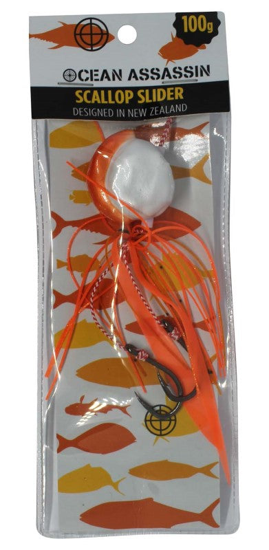 Lifelike Scallop Slider lure in 100g, perfect for enticing snapper and local fish in New Zealand waters.