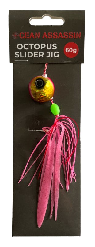 Pink and gold Ocean Assassin Octopus Slider Jig, 60g, designed to mimic wounded baitfish with a fluttering skirt and realistic eye.