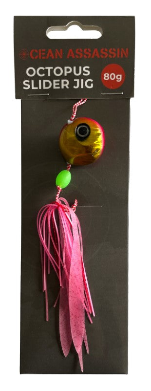 Pink and gold 80g Ocean Assassin Octopus Slider Jig with realistic eye, mimics wounded baitfish for effective fishing.