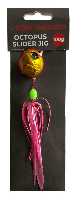 Pink and gold Ocean Assassin Octopus Slider Jig, 100g, designed to mimic wounded baitfish for effective ocean fishing.