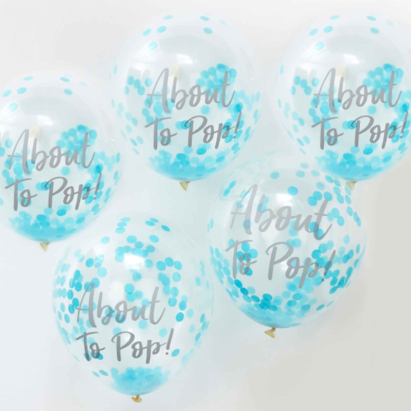 Oh Baby! blue confetti balloons, 12"/30cm, featuring "About to Pop" for baby shower celebrations, pack of 5.