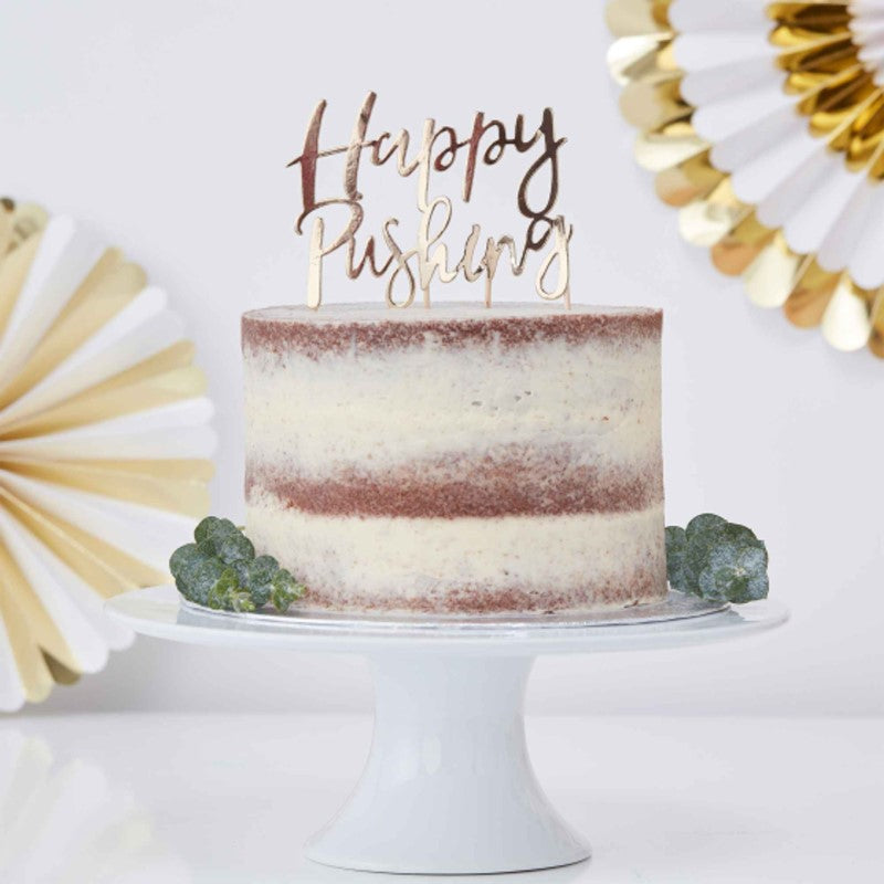 Oh Baby! Gold Foil Cake Topper Happy Pushing 17cm (H) and 11.5cm (W)