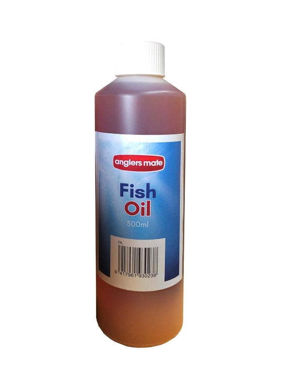 Bottle of Anglers Mate Fish Oil 500ml, a sustainable fish attractant for enhancing bait aroma and drawing in various fish species.