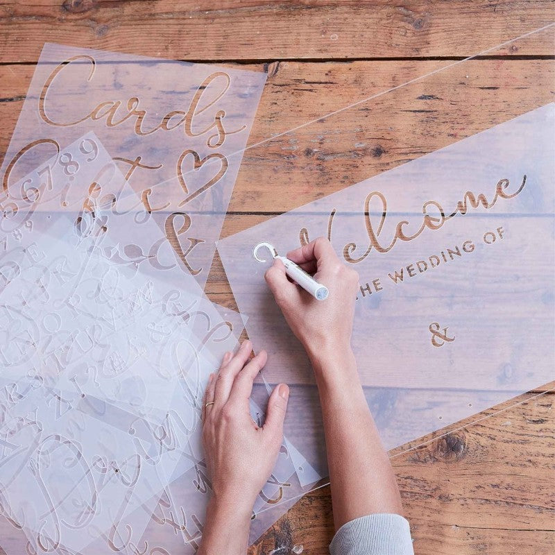 Elegant wedding stencils set for custom signage, featuring words, letters, and icons in modern fonts for a stylish celebration.