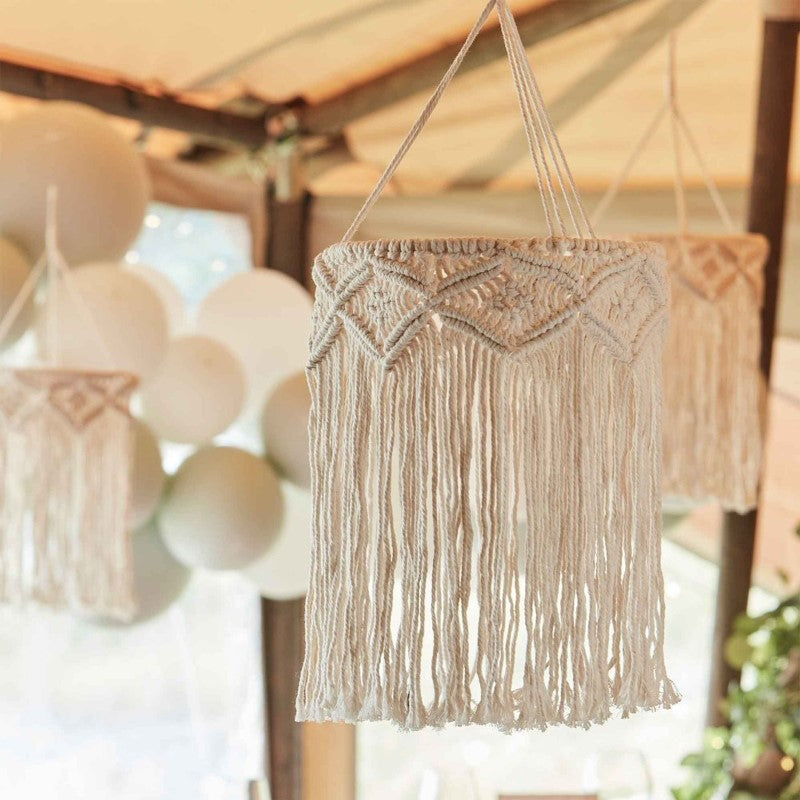 Elegant white cotton macrame chandelier, 40cm long, adding rustic charm to weddings and home decor.