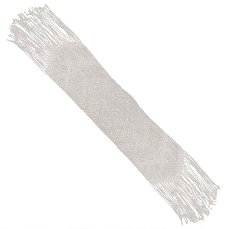 White cotton macrame table runner, 200cm x 35cm, perfect for bohemian-style dining decor and versatile for any occasion.