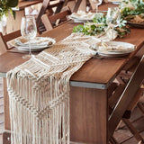 White cotton macrame table runner, 200cm x 35cm, ideal for modern bohemian dining decor at gatherings and celebrations.