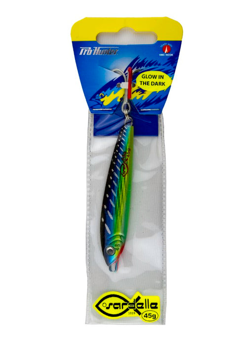 Metal baitfish-profiled lure, 45g, designed for diverse fish species with appealing swimming action and durable hooks.