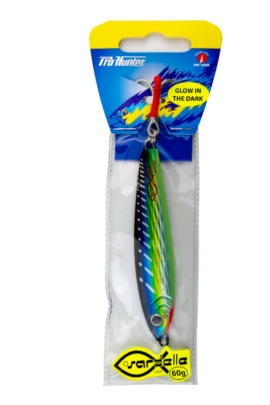 Pro Hunter Sardelle 60g metal lure in vibrant yellowfin tuna color, designed for effective ocean and estuary fishing.