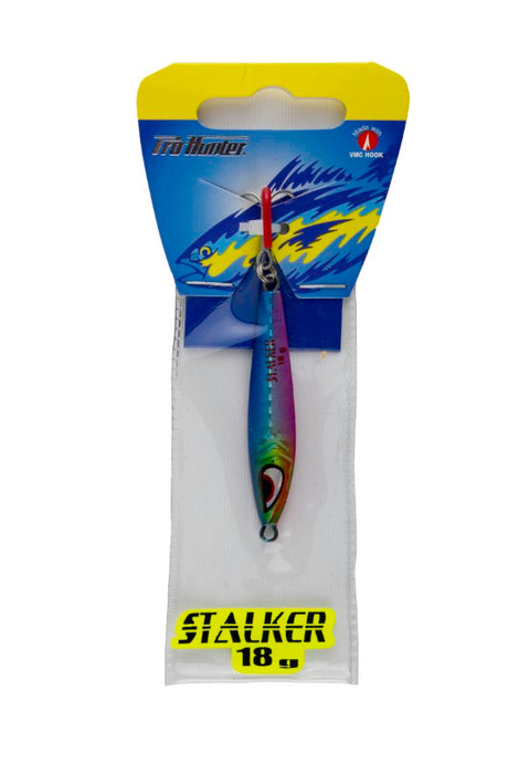 Vibrant Pro Hunter Stalker 18g fishing jig with glow-in-the-dark feature, ideal for catching Snapper and Kahawai.