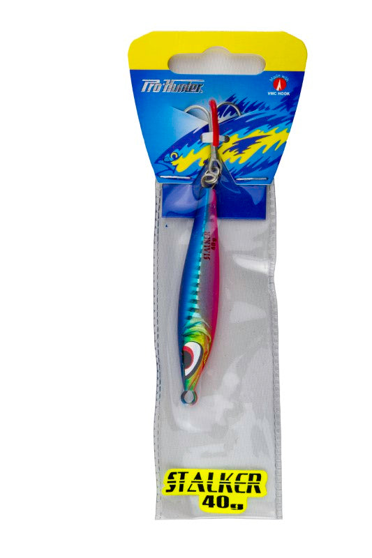 Pro Hunter Stalker 40g fishing jig in blue shad, glowing in the dark, designed for targeting Snapper and Kahawai.