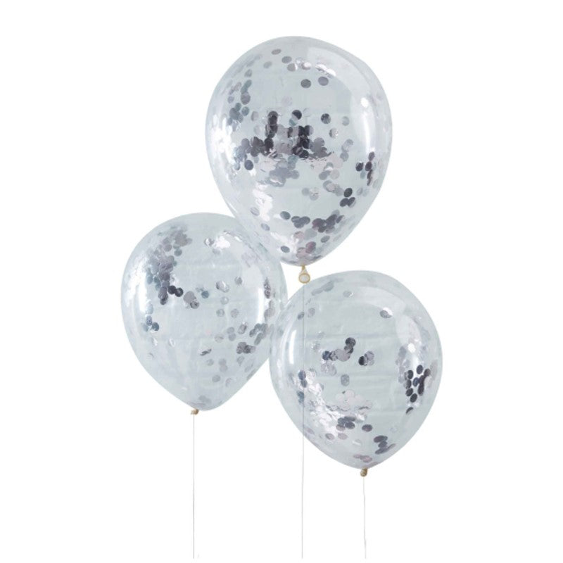 Pack of 5 silver confetti balloons, 12", perfect for adding glamour to celebrations like birthdays and weddings.